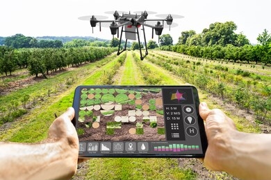 modern smart farming agriculture technology at farm or field