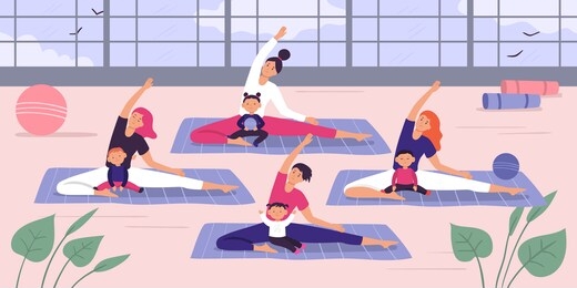 mothers with kids yoga group.  illustration. mother parent and baby doing yoga, group family relaxation for health, exercise training woman