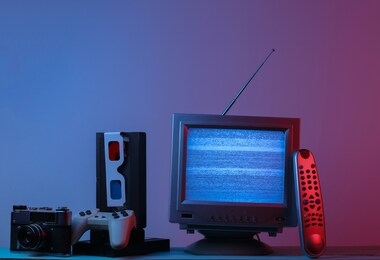 retro media, entertainment 80s. antenna old-fashioned tv receiver, anaglyph glasses, clock, audio and video cassette, gamepad, camera, remote in pink blue gradient neon light. retro wave
