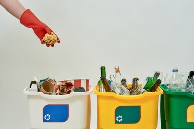 hand in red glove throwing paper into one of three colorful green, yellow and white recycle garbage bins full of rubbish isolated on white background. waste separation concept. horizontal shot