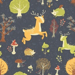 magic forest seamless pattern with wild animals, trees and berries