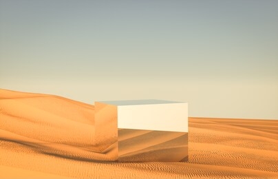 abstract desert background with mirror podium backdrop. 3d render.