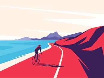 vector illustration of a cyclist riding along the ocean mountain road.