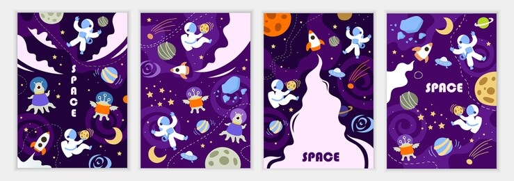 set of space banners. children's flat style. universe, planets, astronauts and rockets. vector illustration. hand drawn style. template for flyers, banners, posters, covers, cards, cards.