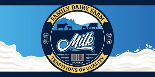 vector milk round label with cows and calves. milk splash vector illustration. dairy product design concept ideal for packaging, branding or advertisment