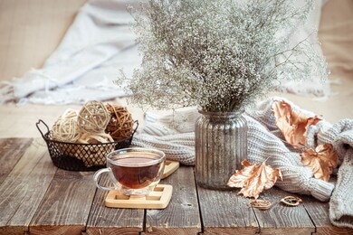 still life autumn cozy composition with tea . autumn, background, thanksgiving.