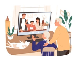 adult children and grandchildren chatting with elderly relatives vector flat illustration. aged man and woman talking making online video call use computer isolated. family web communication