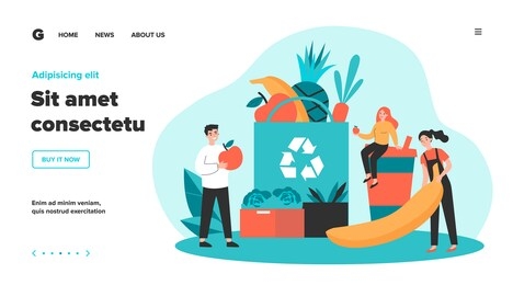 people putting organic food into eco friendly bag with recycling sign. shoppers with fresh fruits and plastic cup. vector illustration for sustainable development, zero waste, reuse concept