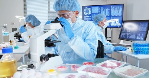 asian science team in food laboratory with meat samples