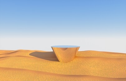 abstract desert background with mirror podium backdrop. 3d render.