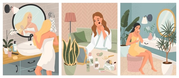 beautiful woman make up and clean her face. girl comb hair in front of mirror in bathroom. skincare daily routine and cosmetic vector poster