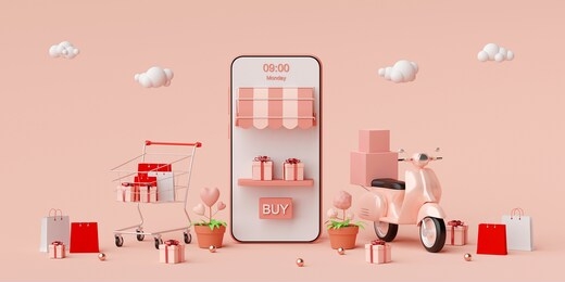 e-commerce concept, shopping online and delivery service on mobile application, transportation or food delivery by scooter, 3d rendering