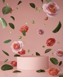abstract background scene for cosmetic product and package presentation,vintage flower falling on podium display, 3d rendering.