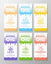 natural oil abstract vector packaging designs or label templates collection. gradient drips and hand drawn spices, nuts and fruits sketch silhouettes background layouts set. isolated.