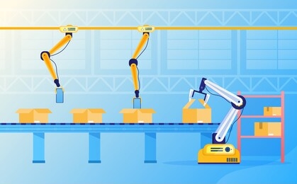 the robotic arm works on the conveyor. automated production line. automatic product packaging. artificial intelligence. industry 4.0. futuristic technology at the factory. flat vector illustration
