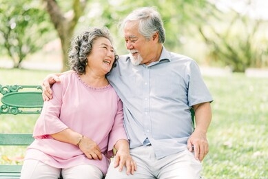 happy asian senior couple having a good time. they laughing and smiling while sitting outdoor in the park