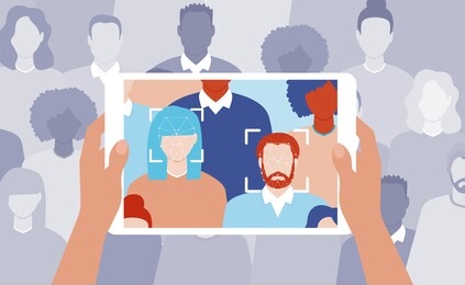face recognition concept. artificial intelligence technology. men and women faces scanning. ai algorithms. people search in the crowd. hands holding tablet. vector illustration.