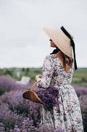 young beautiful blonde woman in romantic dress, straw hat and basket of flowers posing in lavender field, back view. soft selective focus.