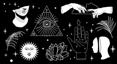 set of hand drawn vector illustrations for stickers, patches and fashion badges. pyramid, fern leaves, the eye of providence symbols on dark background.