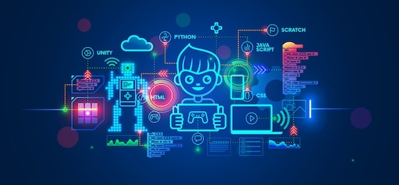 kids learning to coding, programming in online it school. engineering courses in internet for talented children. boy studying game development, robotics technology, creations program code on computer