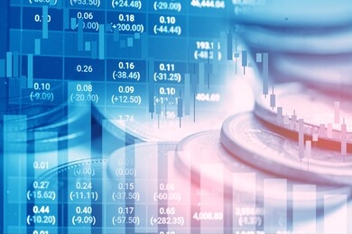 stock market investment trading financial, coin and graph chart or forex for analyze profit finance business trend data background.