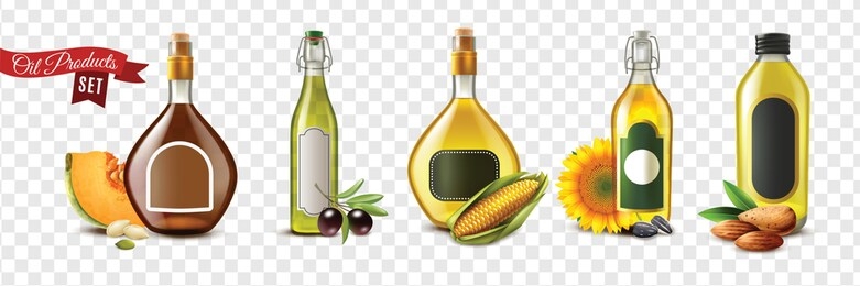realistic oil product transparent icon set with almond pumpkin seed olive corn and sunflower oils vector illustration