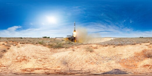 manned rocket launch from the baikonur cosmodrome. 360 degrees panorama