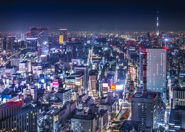 tokyo, japan aerial view of the ginza district at night.
