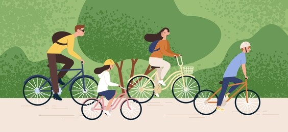 active family riding on bike at forest park vector flat illustration. mother, father, daughter and son cycling together. parents and kids enjoying healthy lifestyle. recreational outdoor activity