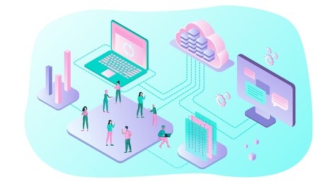 cloud computing concept. cloud computing technology users network configuration isometric advertisement poster. big data flow processing concept, cloud database. cloud technology illustration.  