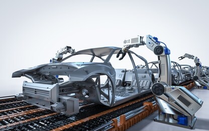 automation aumobile factory concept with 3d rendering robot assembly line in car factory