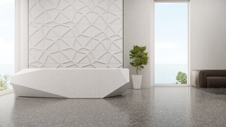 luxury interior design of modern showroom with terrazzo floor and empty white tile wall background. polygonal shape counter in sea view entrance hall or lobby 3d illustration.