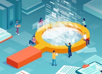 isometric vector of a magnifying glass and people team working conducting data analysis