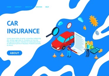 car insurance concept card landing web page template 3d isometric view include of auto and document. vector illustration