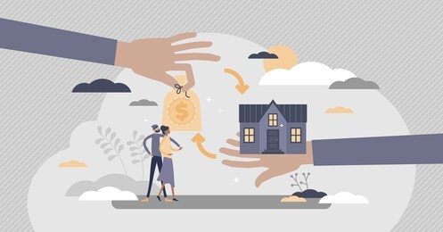 mortgage financial bank instrument for new family house flat tiny persons concept. couple loan for real estate purchase vector illustration. abstract key exchange and agreement process visualization.