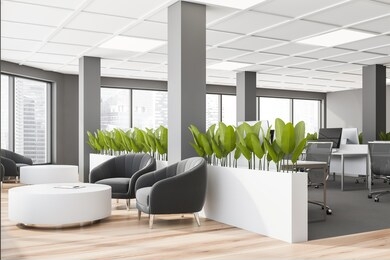 corner of panoramic office waiting room with gray walls, wooden floor, gray armchairs standing near round tables and white flower beds. blurry cityscape. 3d rendering