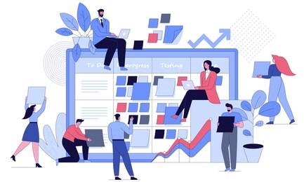 business people at project task management concept. men and women in team work, board with daily tasks, status, achievement of goals. vector character illustration of effective time planning tools