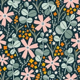flowers and eucalyptus neutral green leaves on dark background, floral seamless pattern