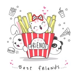 happy cute cat, rabbit and panda cartoon with french fries on white background illustration vector, fast food lover poster design.