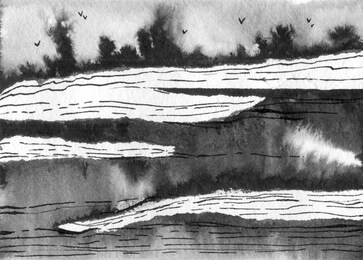 abstract landscape ink hand drawn illustration. black and white ink winter landscape with river. minimalistic hand drawn illustration card background poster banner. hand drawn watercolor black lines.
