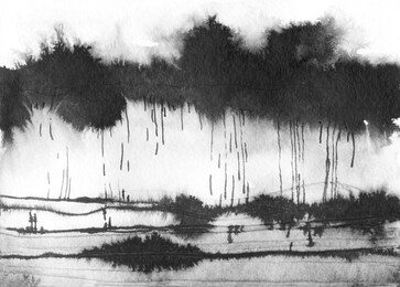 abstract landscape ink hand drawn illustration. black and white ink winter landscape with river. minimalistic hand drawn illustration card background poster banner. hand drawn watercolor black lines.