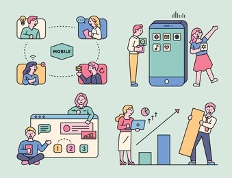 people viewing business work on the internet infographic concept design. flat design style minimal vector illustration.
