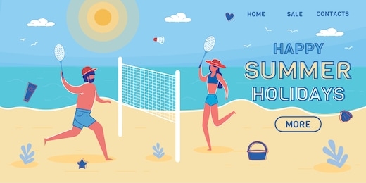 man and woman playing beach badminton. fun open air activity with rackets and shuttles. young happy couple, spending summer holidays together by sea. flat vector landing page design template.
