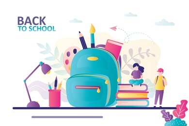 schoolchildren near huge backpack. cute girl sits on stack of books. concept of back to school, education. open schoolbag with stationery and supplies. banner in trendy style. flat vector illustration