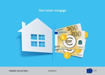 real estate mortgage concept. 200 euro banknotes and gold coins. flat style vector illustration.