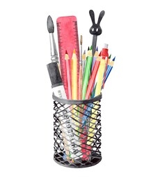 hand drawn watercolor illustration of pencils, pens and paintbrushes in a holder. metal stand with stationery. education back to school concept. isolated objects on white background. 