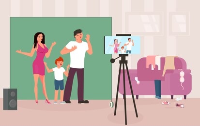 mother, father and son bloggers shooting video content for live streaming broadcast social media networking concept. freelancer creates family live blog. flat art rastered copy