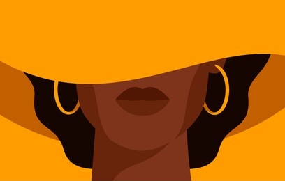 young african american woman with black curly hair in the yellow hat with a wide brim covering her face. black strong girl on yellow background, front view. vector illustration