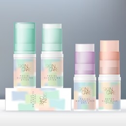 vector lip balm, face cleanser or beauty clay mask stick pastel color semi transparent tube packaging. pastel abstract paints design.