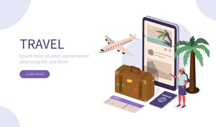 woman with packed luggage booking hotels and buying flying tickets in mobile app. travel and summer vacation concept. flat isometric vector illustration.